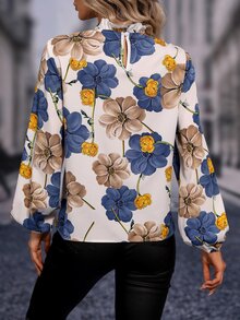 SHEIN Clasi Floral Print Mock Neck Blouse,Long Sleeve Tops Fall Cloth For Women - White - View 2