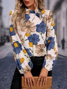 SHEIN Clasi Floral Print Mock Neck Blouse,Long Sleeve Tops Fall Cloth For Women - White - View 6