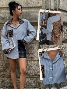 Elyressa Women's Leopard Print Patchwork Striped Open Front Shirt Autumn Cloth For Women Going Out Work Blue And White Striped Hip Hop Rave - Royal Blue - View 1