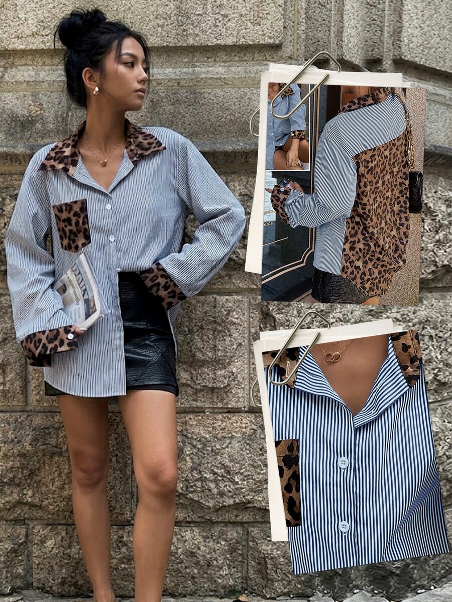 Elyressa Women's Leopard Print Patchwork Striped Open Front Shirt Autumn Cloth For Women Going Out Work Blue And White Striped Hip Hop Rave - Royal Blue - View 1