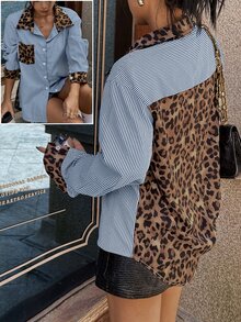 Elyressa Women's Leopard Print Patchwork Striped Open Front Shirt Autumn Cloth For Women Going Out Work Blue And White Striped Hip Hop Rave - Royal Blue - View 3