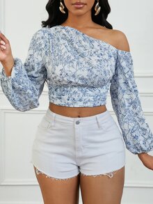 VaVaBold Women's Short Blue Ditsy Floral Ruched Asymmetrical Shoulder Puff Sleeve Blouse Fall Cloth For Women - Baby Blue - View 4