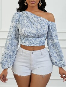 VaVaBold Women's Short Blue Ditsy Floral Ruched Asymmetrical Shoulder Puff Sleeve Blouse Fall Cloth For Women - Baby Blue - View 8