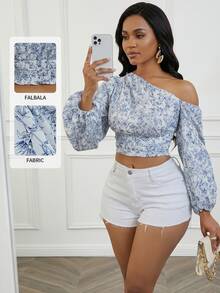 VaVaBold Women's Short Blue Ditsy Floral Ruched Asymmetrical Shoulder Puff Sleeve Blouse Fall Cloth For Women - Baby Blue - View 1