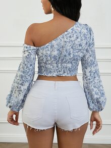 VaVaBold Women's Short Blue Ditsy Floral Ruched Asymmetrical Shoulder Puff Sleeve Blouse Fall Cloth For Women - Baby Blue - View 2