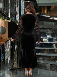 Femmeverse Plus Contrast Lace Flounce Sleeve Mermaid Hem Velvet Dress Fall New Year Christmas Cocktail Party Evening Black Goth Elegant - Black - View 2