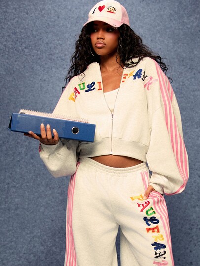 SUMWON X PAUL FRANK SUMWON WOMEN Essenciais de Inverno Moletom Cropped com Zíper Completo Monkey com Logotipo Bordado Multicolorido e Detalhe de Listra Rosa na Manga Outono Quente e Aconchegante