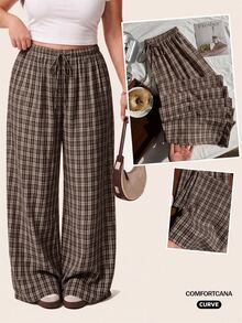 Comfortcana Plus Size Women's Drawstring Waist Plaid Casual 80s 90s Versatile Long Pants Graduation Formal Vacation Brown Autumn - Brown - View 5