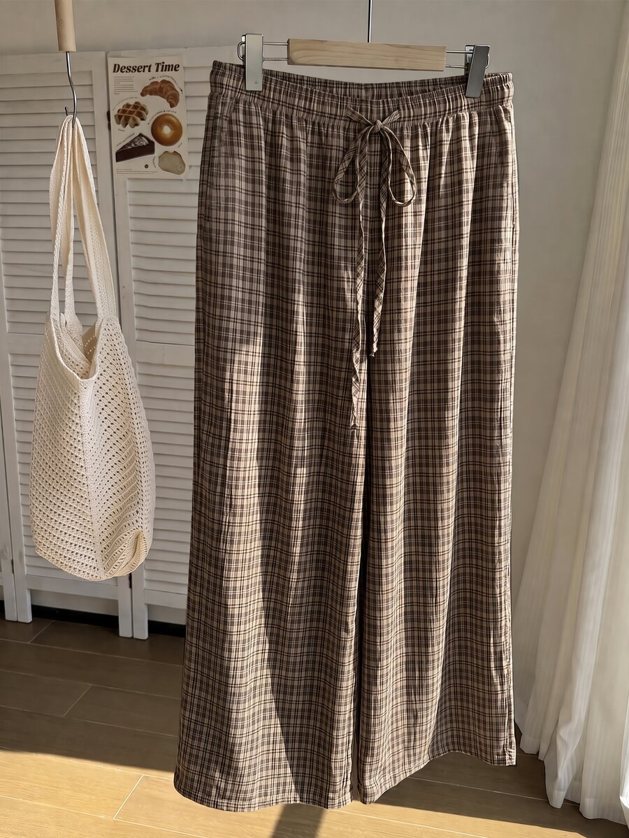 Comfortcana Plus Size Women's Drawstring Waist Plaid Casual 80s 90s Versatile Long Pants Graduation Formal Vacation Brown Autumn - Brown - View 1