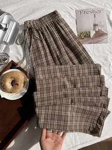 Comfortcana Plus Size Women's Drawstring Waist Plaid Casual 80s 90s Versatile Long Pants Graduation Formal Vacation Brown Autumn - Brown - View 6
