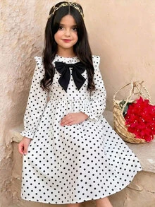SHEIN Tween Girl Woven Polka Dot Collar 3D Contrast Color Bow Casual Dress - Multicolor - View 2