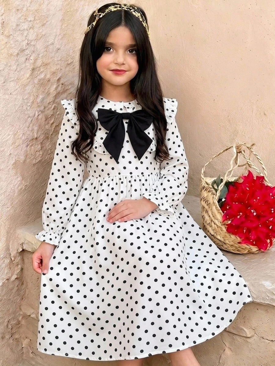 SHEIN 少女編織波點領 3D 對比色蝴蝶結休閒洋裝 - 彩色 - 查看 1