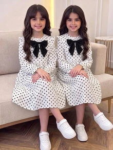 SHEIN Tween Girl Woven Polka Dot Collar 3D Contrast Color Bow Casual Dress - Multicolor - View 4