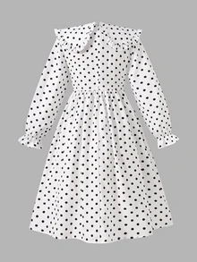 SHEIN Tween Girl Woven Polka Dot Collar 3D Contrast Color Bow Casual Dress - Multicolor - View 6