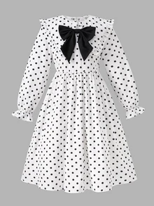 SHEIN Tween Girl Woven Polka Dot Collar 3D Contrast Color Bow Casual Dress - Multicolor - View 5