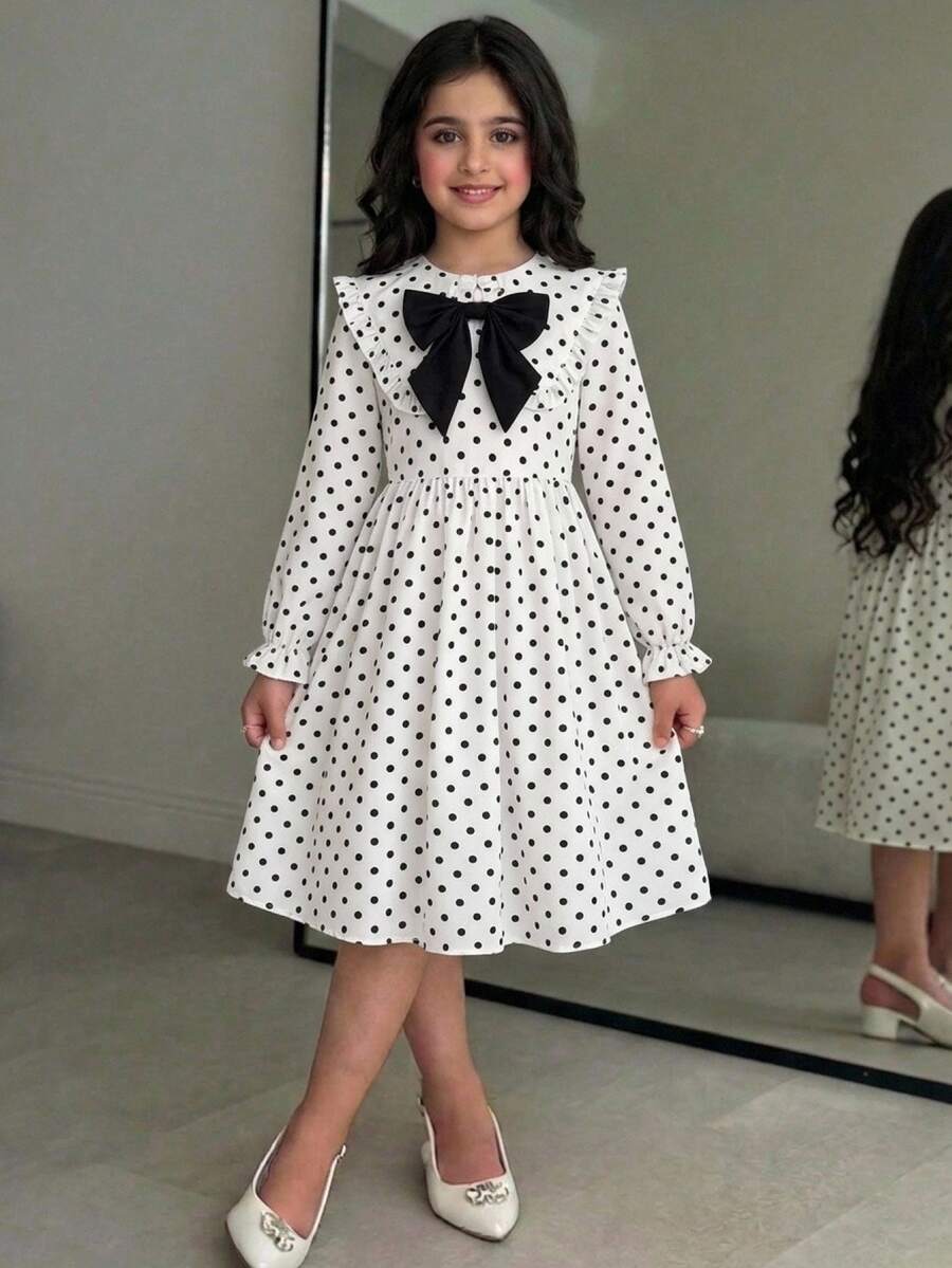 SHEIN Tween Girl Woven Polka Dot Collar 3D Contrast Color Bow Casual Dress - Multicolor - View 1