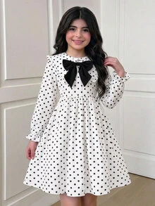 SHEIN Tween Girl Woven Polka Dot Collar 3D Contrast Color Bow Casual Dress - Multicolor - View 3