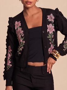 Travachic Women's Floral Pattern Casual Daily Outing Cardigan - Black - View 4