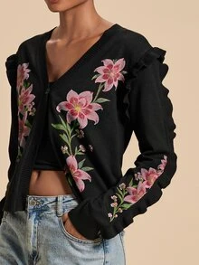 Travachic Women's Floral Pattern Casual Daily Outing Cardigan - Black - View 5