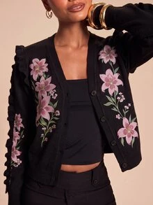 Travachic Women's Floral Pattern Casual Daily Outing Cardigan - Black - View 3