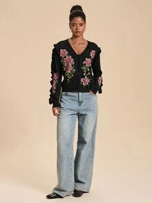 Travachic Women's Floral Pattern Casual Daily Outing Cardigan - Black - View 8