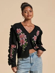 Travachic Women's Floral Pattern Casual Daily Outing Cardigan - Black - View 7