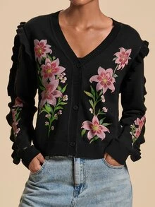 Travachic Women's Floral Pattern Casual Daily Outing Cardigan - Black - View 6