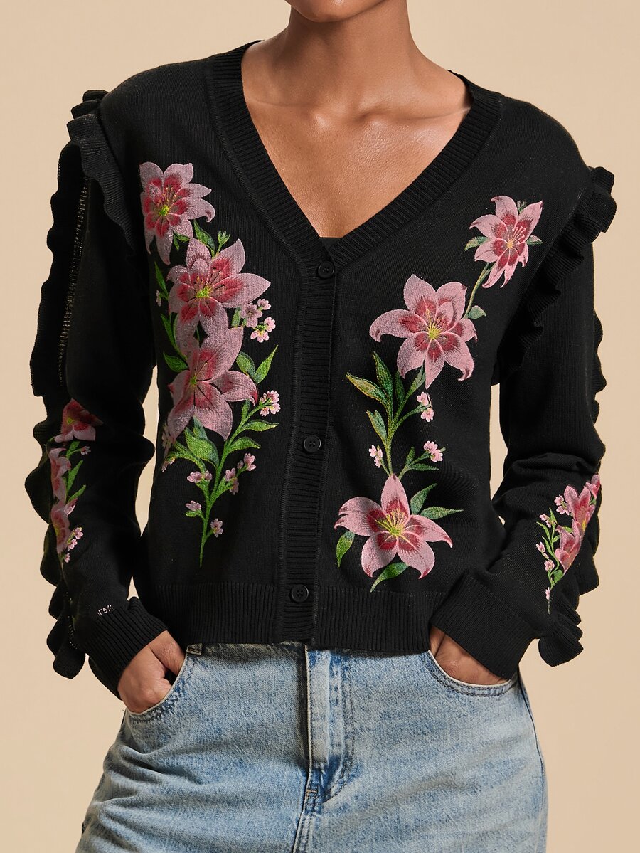 Travachic Women's Floral Pattern Casual Daily Outing Cardigan - Black - View 1
