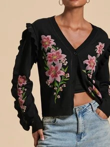 Travachic Women's Floral Pattern Casual Daily Outing Cardigan - Black - View 1