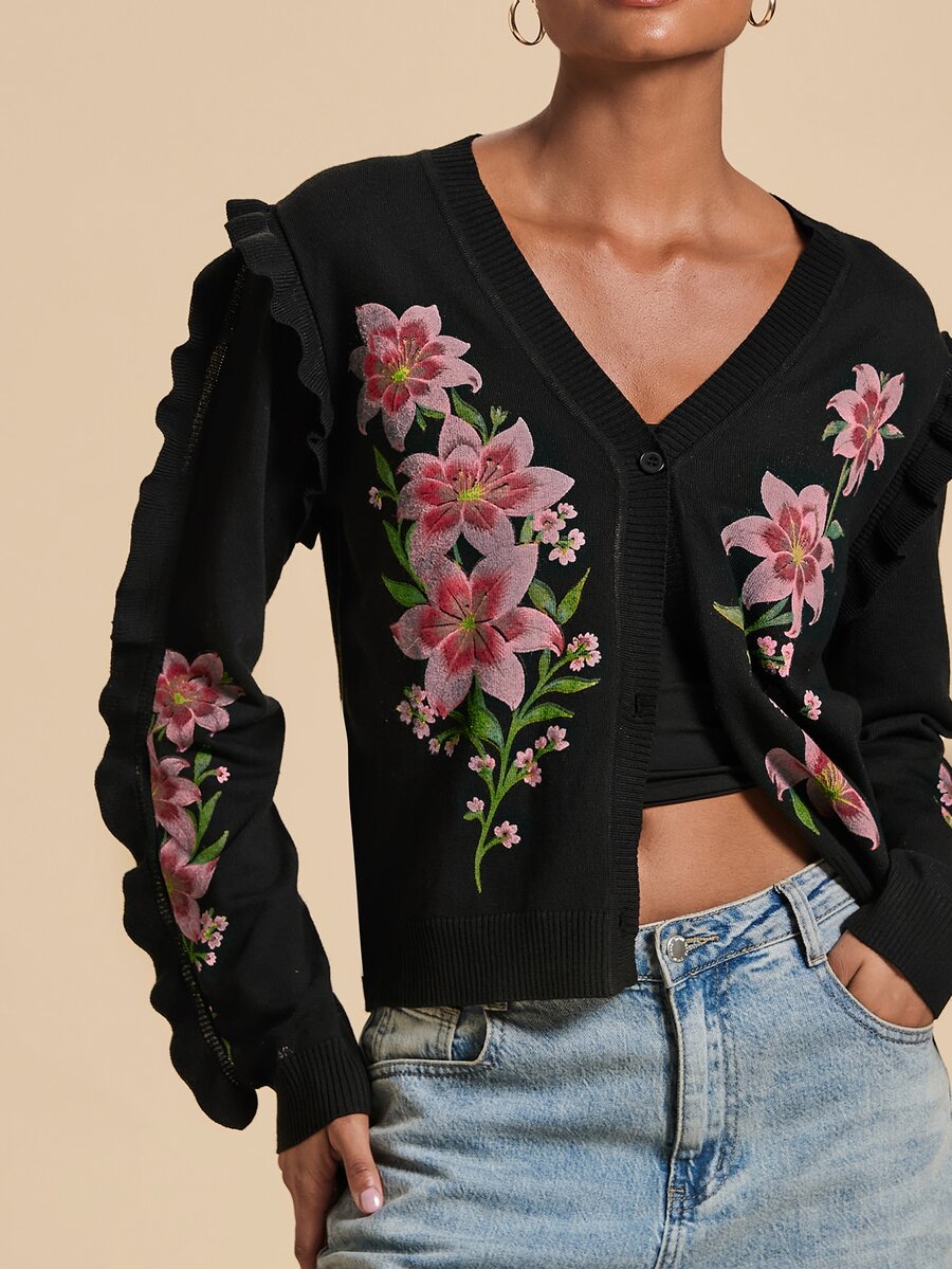 Travachic Women's Floral Pattern Casual Daily Outing Cardigan - Black - View 1