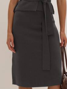 MUSEYN Brown Knit Midi Skirt Versatile Lounge Everyday Date Night Chic New Season Fall - Dark Grey - View 5