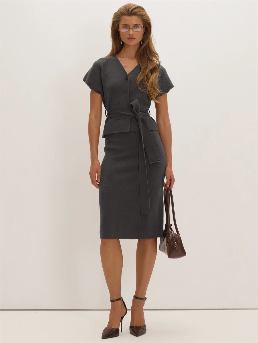 MUSEYN Brown Knit Midi Skirt Versatile Lounge Everyday Date Night Chic New Season Fall - Dark Grey - View 1