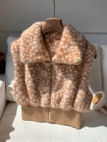 Comfortcana Jaket Rompi Bulu Palsu Wanita Warna Polos dengan Ritsleting Depan untuk Musim Gugur/Dingin, Sehari-hari dan Kencan Malam, Putih Elegan - MultiWarna - View 5