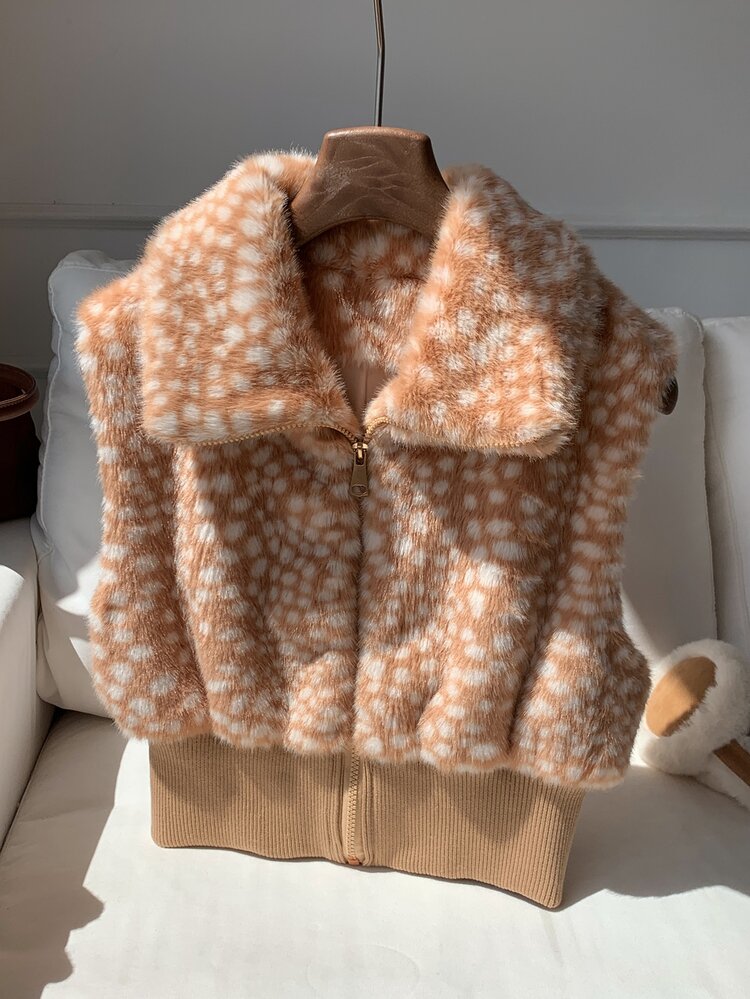 Comfortcana Jaket Rompi Bulu Palsu Wanita Warna Polos dengan Ritsleting Depan untuk Musim Gugur/Dingin, Sehari-hari dan Kencan Malam, Putih Elegan - MultiWarna - View 5