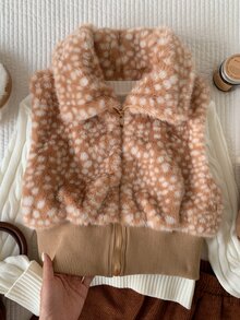 Comfortcana Jaket Rompi Bulu Palsu Wanita Warna Polos dengan Ritsleting Depan untuk Musim Gugur/Dingin, Sehari-hari dan Kencan Malam, Putih Elegan - MultiWarna - View 4