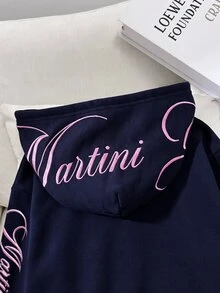 SHEIN 兒童青少年女孩寬鬆休閒極簡舒適日常街頭風粉色字母刺繡連帽修身口袋前開襟拉鍊短版長袖運動外套灰色返校穿搭 - 藍色 - 查看 8