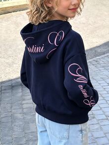 SHEIN 兒童青少年女孩寬鬆休閒極簡舒適日常街頭風粉色字母刺繡連帽修身口袋前開襟拉鍊短版長袖運動外套灰色返校穿搭 - 藍色 - 查看 2