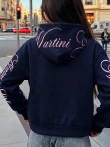 SHEIN 兒童青少年女孩寬鬆休閒極簡舒適日常街頭風粉色字母刺繡連帽修身口袋前開襟拉鍊短版長袖運動外套灰色返校穿搭 - 藍色 - 查看 4
