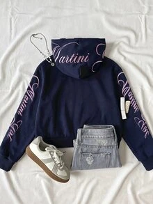 SHEIN 兒童青少年女孩寬鬆休閒極簡舒適日常街頭風粉色字母刺繡連帽修身口袋前開襟拉鍊短版長袖運動外套灰色返校穿搭 - 藍色 - 查看 6