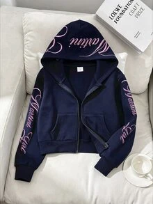 SHEIN 兒童青少年女孩寬鬆休閒極簡舒適日常街頭風粉色字母刺繡連帽修身口袋前開襟拉鍊短版長袖運動外套灰色返校穿搭 - 藍色 - 查看 3