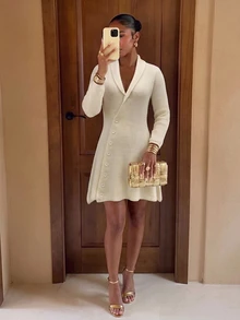 RosyDaze Elegant Women Fall Winter Solid Ribbed Knit Mini Dress, Elegant V-Neck Long Sleeve Button Front Slim Fit Versatile Casual Sweater Dress - Beige - View 3