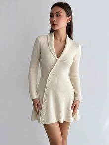 RosyDaze Elegant Women Fall Winter Solid Ribbed Knit Mini Dress, Elegant V-Neck Long Sleeve Button Front Slim Fit Versatile Casual Sweater Dress - Beige - View 6