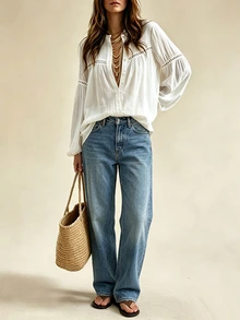 SHEIN Blus Wanita Terbaru Musim Gugur/Dingin, Blus Lengan Lentera Putih Berenda Prancis dengan Hiasan Renda, Gaya Bohemian Romantis dan Bebas, Liburan Putih Musim Gugur Boho - Putih - View 4