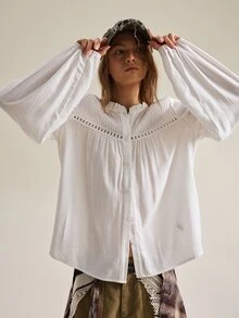SHEIN Blus Wanita Terbaru Musim Gugur/Dingin, Blus Lengan Lentera Putih Berenda Prancis dengan Hiasan Renda, Gaya Bohemian Romantis dan Bebas, Liburan Putih Musim Gugur Boho - Putih - View 5