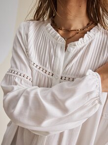 SHEIN Blus Wanita Terbaru Musim Gugur/Dingin, Blus Lengan Lentera Putih Berenda Prancis dengan Hiasan Renda, Gaya Bohemian Romantis dan Bebas, Liburan Putih Musim Gugur Boho - Putih - View 6