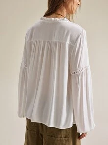 SHEIN Blus Wanita Terbaru Musim Gugur/Dingin, Blus Lengan Lentera Putih Berenda Prancis dengan Hiasan Renda, Gaya Bohemian Romantis dan Bebas, Liburan Putih Musim Gugur Boho - Putih - View 2