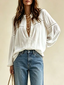 SHEIN Blus Wanita Terbaru Musim Gugur/Dingin, Blus Lengan Lentera Putih Berenda Prancis dengan Hiasan Renda, Gaya Bohemian Romantis dan Bebas, Liburan Putih Musim Gugur Boho - Putih - View 3