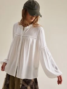 SHEIN Blus Wanita Terbaru Musim Gugur/Dingin, Blus Lengan Lentera Putih Berenda Prancis dengan Hiasan Renda, Gaya Bohemian Romantis dan Bebas, Liburan Putih Musim Gugur Boho - Putih - View 1