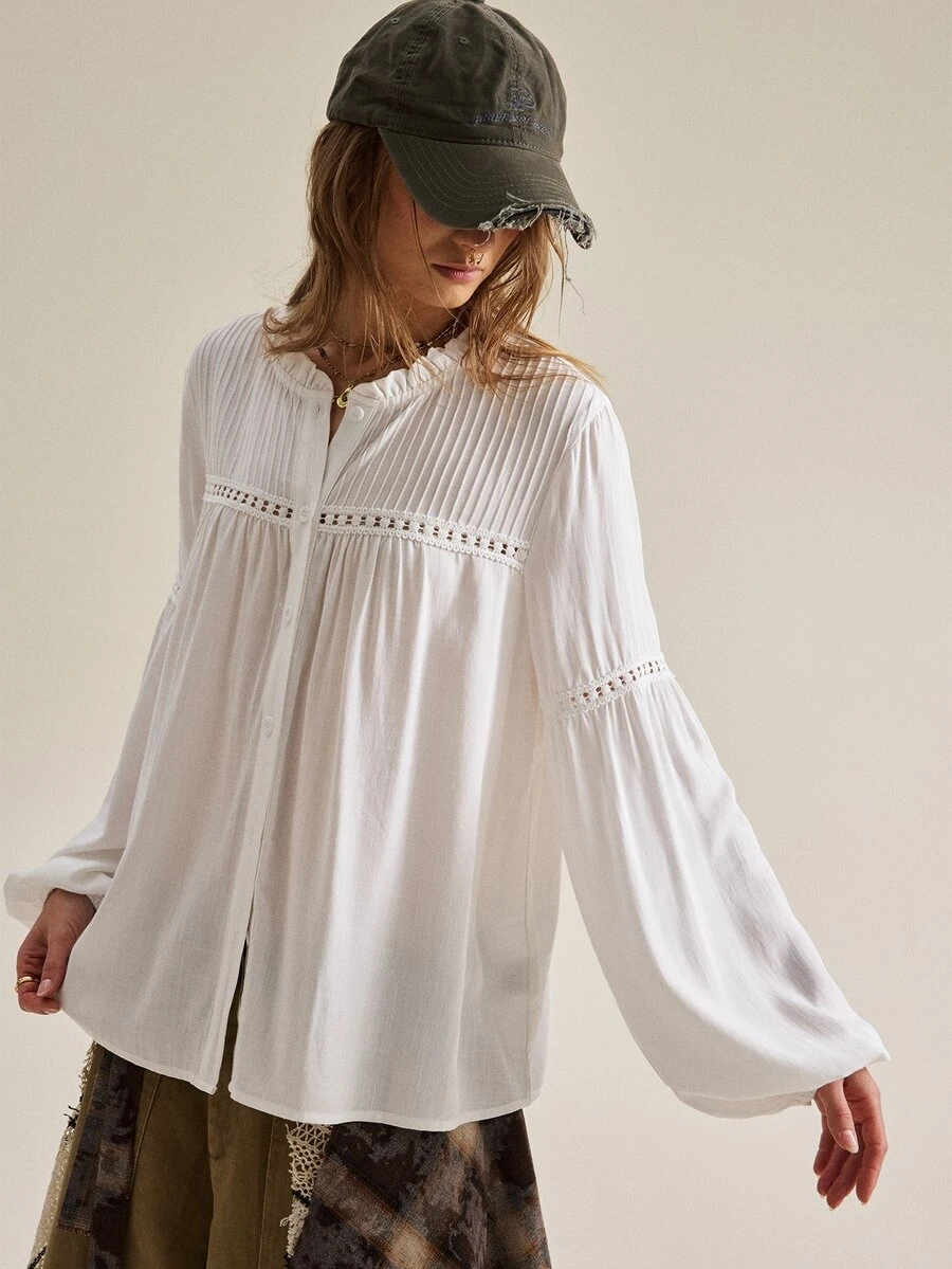 SHEIN Blus Wanita Terbaru Musim Gugur/Dingin, Blus Lengan Lentera Putih Berenda Prancis dengan Hiasan Renda, Gaya Bohemian Romantis dan Bebas, Liburan Putih Musim Gugur Boho - Putih - View 1