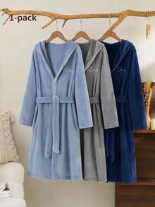 Boys' Plush Hooded Robe, Light Blue Fleece Fabric, Front Letter Embroidery, Thickened Long Sleeve Children's Bathrobe, Single Piece - Blue - View 9